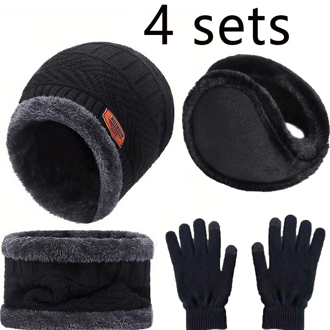 4pcs sets Winter Warm Velvet  Gloves  Outdoor Riding Hat Beanies Neck Protection Scarf C