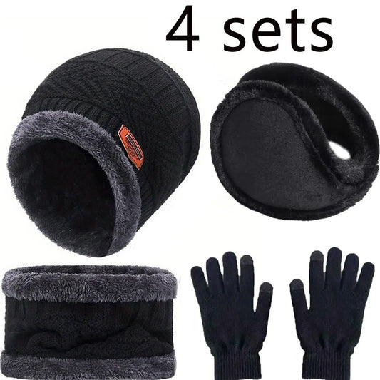 4pcs sets Winter Warm Velvet  Gloves  Outdoor Riding Hat Beanies Neck Protection Scarf C