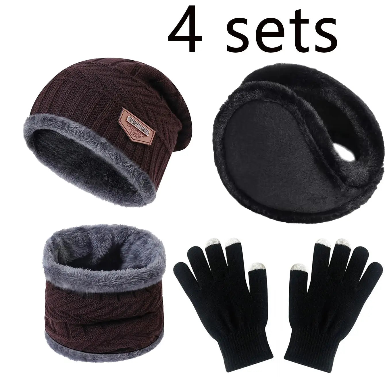 4pcs sets Winter Warm Velvet  Gloves  Outdoor Riding Hat Beanies Neck Protection Scarf C