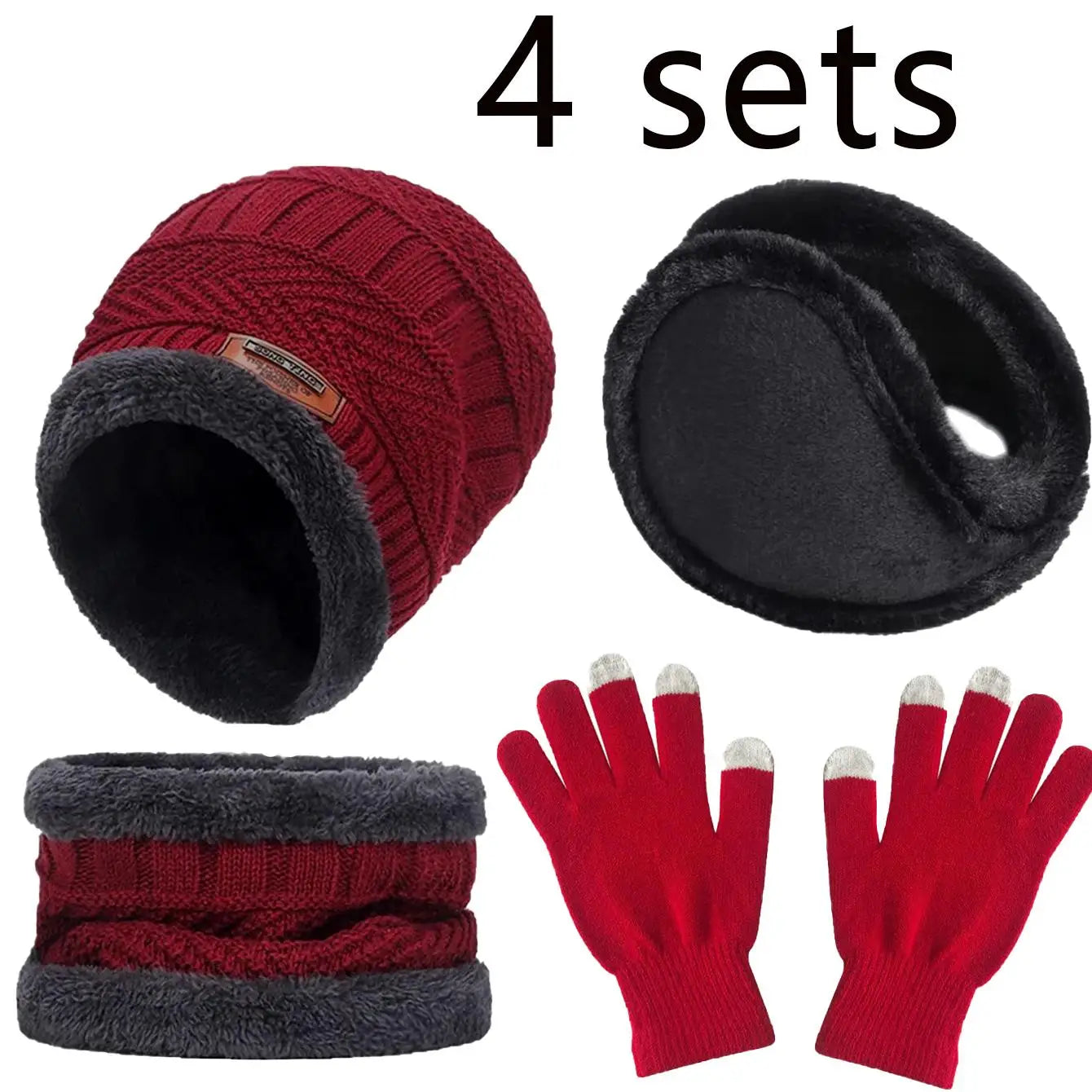 4pcs sets Winter Warm Velvet  Gloves  Outdoor Riding Hat Beanies Neck Protection Scarf C